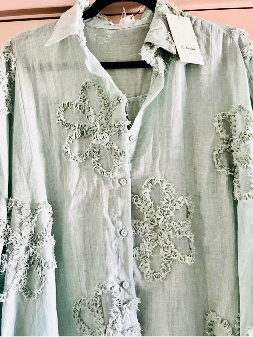 Light Green Floral Appliqué Button-Down Shirt